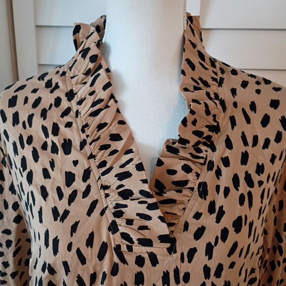 Crown & Ivy Tan Meow Leopard Print Ruffleneck long sleeve blouse L NEW - Picture 2 of 9